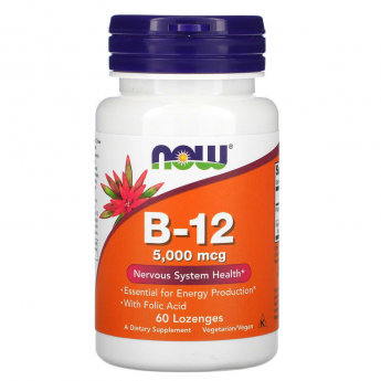 Витамин NOW FOODS B-12 + FOLIC, 5000 мкг, 60 пастилок Витамин NOW FOODS B-12 + FOLIC, 5000 мкг, 60 пастилок